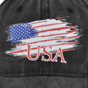 Washed black cotton baseball cap with USA embroidery and American flag print design