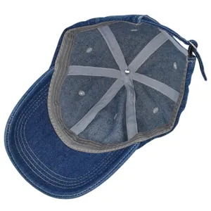 Detail showing the adjustable metal buckle and stitching of this dark blue denim baseball cap