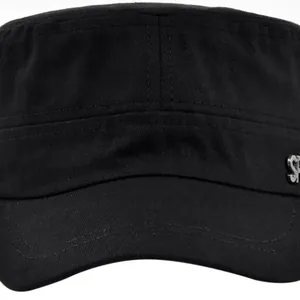 Black cotton cadet cap with metal sport logo and durable twill fabric texture