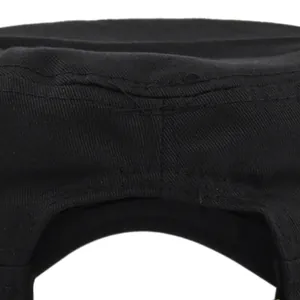 Close-up of double-stitched seams and cotton canvas texture on black military cap