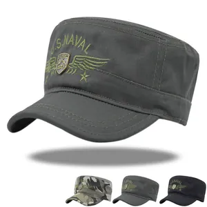Militär Stil Baumwolle Canvas Feldmütze Mit U.S. Naval Stickerei Und Armee Metall Abzeichen Verstellbarer Flacher Hut Für Herren Damen
