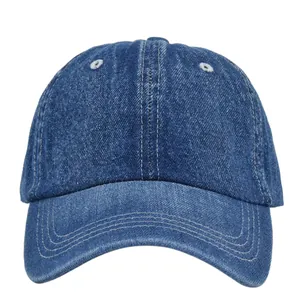 Classic blue denim baseball cap with six-panel design and curved brim on white background