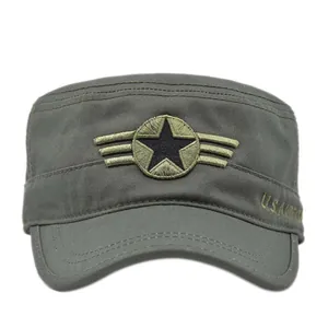 Olive green military patrol cap featuring star embroidery and U.S. Air Force side text