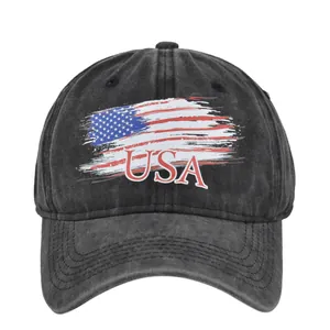 Vintage dark gray washed denim baseball cap with USA flag embroidery and curved brim