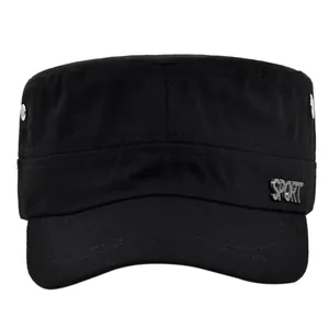 Classic black cotton canvas military cap with a metal SPORT logo and flat top design