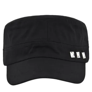 Classic black cotton cadet army cap with flat top and square metallic stud accents