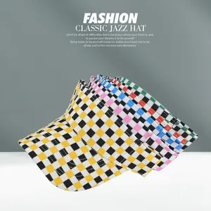 Stack of checkered sun visors in yellow, pink, blue, and green canvas fabric