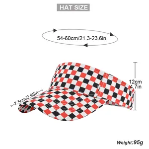 Detailed size guide for checkered sun visor hat with measurements in inches and cm