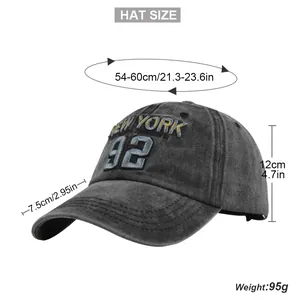 Detailed size chart for vintage washed cotton baseball cap with New York 92 embroidery