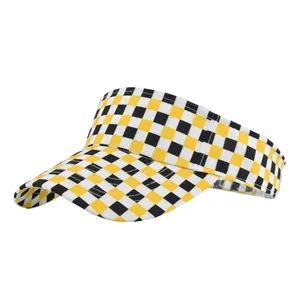 Detail view of the yellow and black checkered pattern on a sun visor with fine stitching