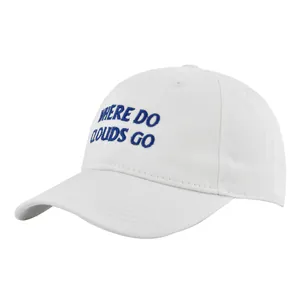 White cotton canvas baseball cap with blue WHERE DO CLOUDS GO embroidery on the front