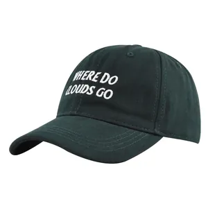 Detail of forest green baseball cap featuring white Where Do Clouds Go embroidery