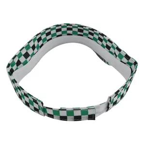 Detail view of checkerboard sun visor with adjustable velcro strap and sweatband