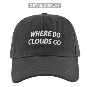 Dark grey cotton baseball cap with white 3D embroidery featuring WHERE DO CLOUDS GO text