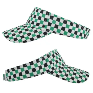Detail view of the green and black checkered visor hat with adjustable back strap