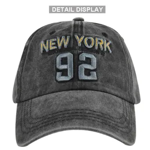 Vintage washed dark grey New York 92 embroidered baseball cap on white background