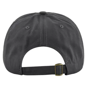 Detail view of charcoal grey cotton baseball cap with adjustable metal buckle at back