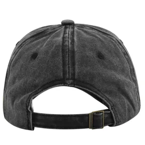 Detail view of the washed denim baseball cap back showing adjustable metal buckle strap