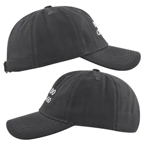 Detail of dark grey cotton baseball cap showing side white embroidery and metal buckle