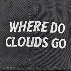 Dark grey cotton baseball cap with white 3D embroidery of 'WHERE DO CLOUDS GO' text