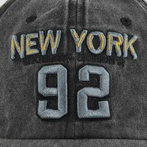 Vintage washed grey cotton baseball cap featuring embroidered New York 92 graphic