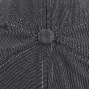 Macro shot of charcoal grey baseball cap crown with 6-panel stitching and top button