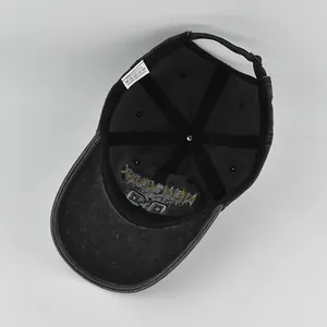 Detail of 100% cotton washed baseball cap interior showing the New York embroidery label