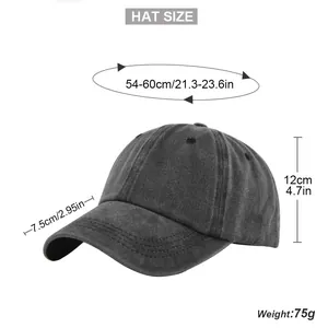 Detailed size guide for washed cotton baseball cap showing head circumference measurements