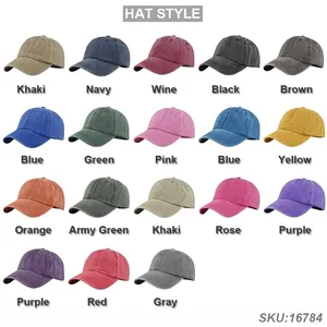 Grid display of vintage washed cotton baseball caps in 18 diverse colors with SKU labels