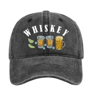 Vintage gewaschene dunkelgraue Baseballkappe mit weißem WHISKEY-Print und Grafik