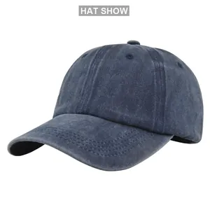Detail shot of navy blue washed cotton baseball cap with vintage texture and stitching