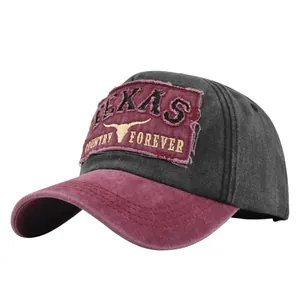 Berretto vintage TEXAS in cotone lavato con ricamo di toro e visiera bordeaux