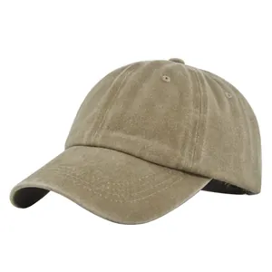 Detailed side view of khaki washed cotton baseball cap with ventilation eyelets