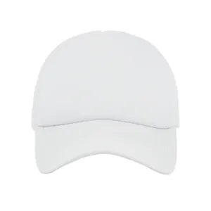 Vista frontal de una gorra trucker blanca de malla con frontal de espuma y visera curva