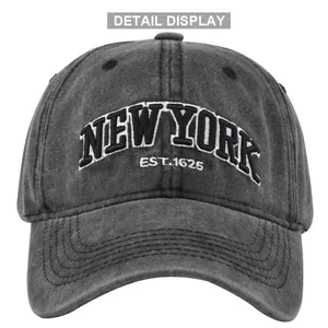 Distressed charcoal grey washed denim baseball cap with New York embroidery