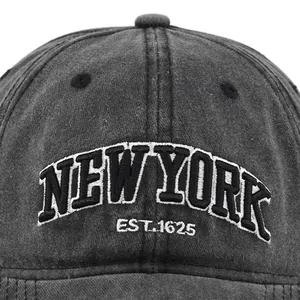 Washed dark grey baseball cap with New York 1625 3D embroidery and vintage cotton texture