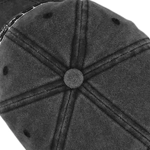 Detail view of the six-panel crown, ventilation eyelets, and top button of a washed cotton cap