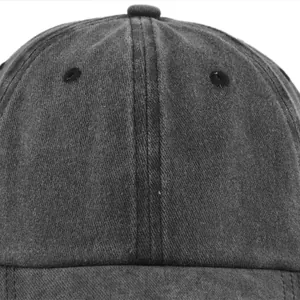 Close-up of washed dark gray cotton baseball cap stitching and embroidery eyelets