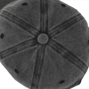 Top view detail of six-panel washed cotton baseball cap with embroidered eyelets