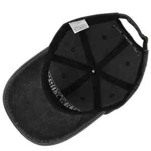 Inside view of washed cotton baseball cap with sweatband and six-panel stitching