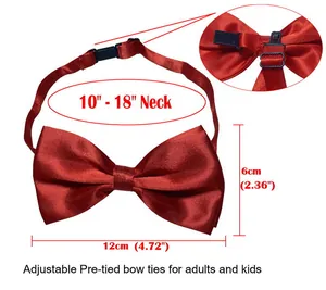 Detail of red satin pre-tied bow tie showing dimensions and adjustable neck strap
