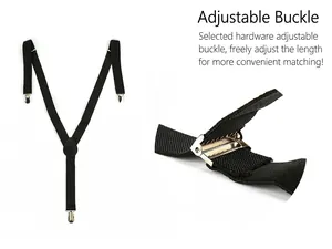 Macro detail of adjustable metal buckle on black Y-back elastic suspenders with clips
