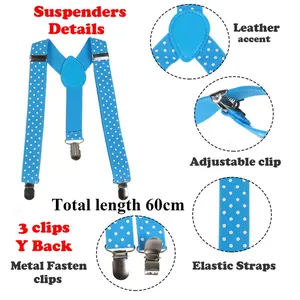 Navy blue polka dot elastic Y-back suspenders with 3 adjustable metal clips for kids