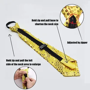 Detailed view of yellow sequin necktie with adjustable zipper design and instructions