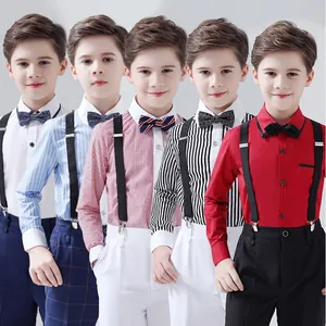 Various colors of formal boys outfits including button shirts bow ties and suspenders