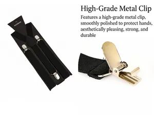 Close-up of durable silver metal clips on elastic black suspenders for adults and kids