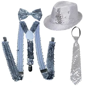 Close-up of four-piece silver sequin set with jazz hat, bow tie, suspenders and tie