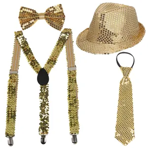 Flat lay of gold sequined 4-piece men's set featuring jazz hat, tie, bowtie, and suspenders