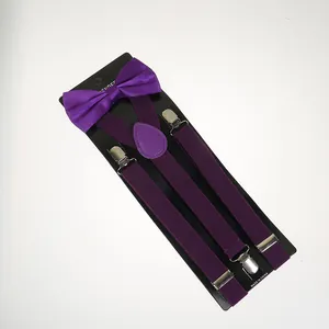 Detail view of purple Y-back suspenders and matching satin bowtie set with metal clips