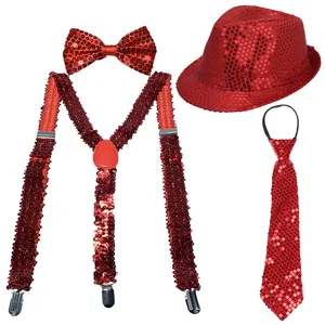 Close-up of a 4-piece red sequin set with a hat, suspenders, bowtie, and long necktie